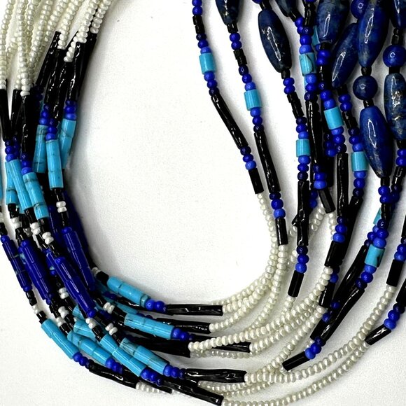 Vintage 925 Lapis Lazuli Native American Necklace Blue Mixed Beads Free Spirit - Picture 6 of 9
